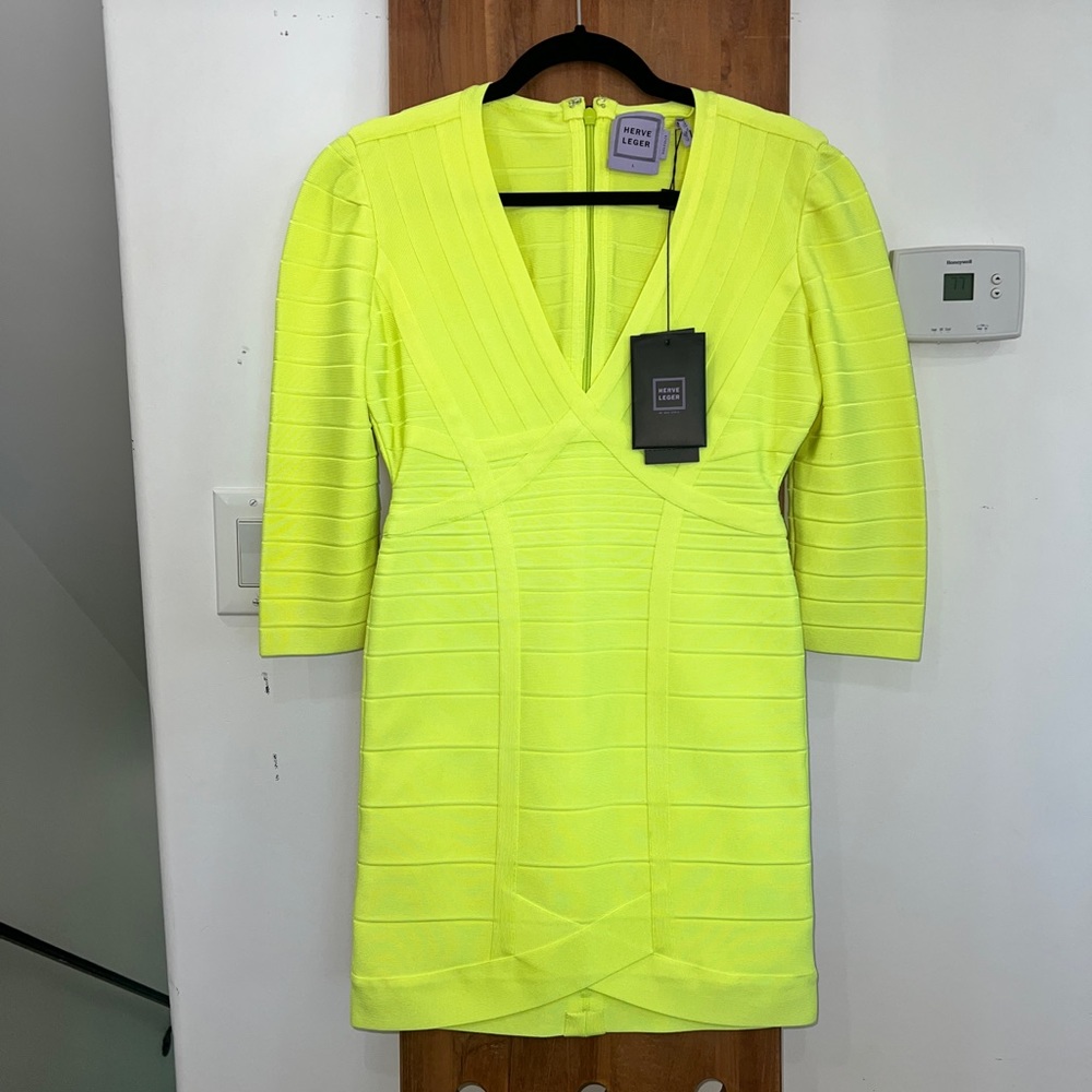 🆕 Hervé Leger Neon Yellow Nathalia Night Out Dress - Picture 3 of 12